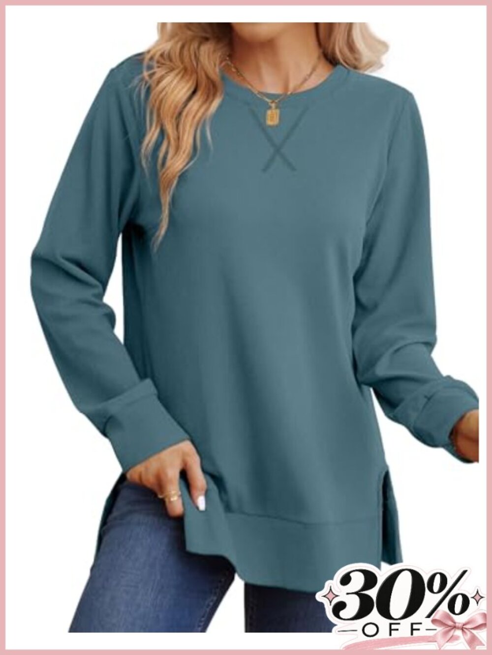 Saloogoe Women's Long Sleeve Crew Neck Sweatshirt Loose Fit Side Slit Pullover